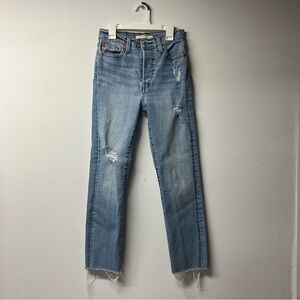 Levis Jeans Wedgie Straight Womens 26 Button Fly Blue Denim Raw Hem Ripped